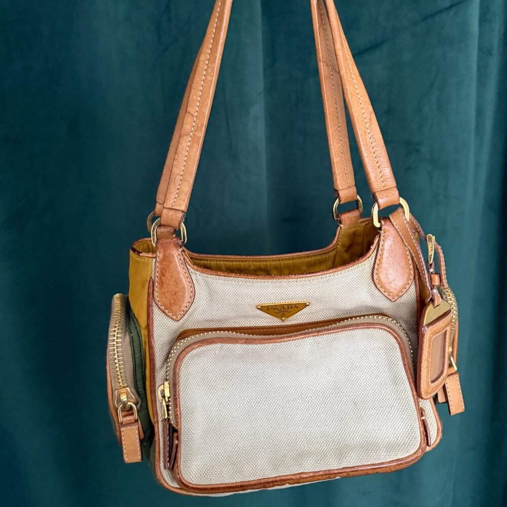 PRADA Vintage Y2K Cargo Bag Canvas Leather Beige Gold Mini Tote Shoulder Purse